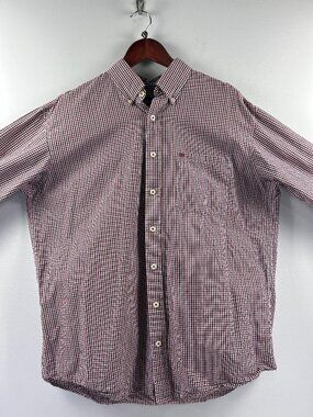 Izod Men's LT Red Navy Gingham Check Long Sleeve Button Down Shirt